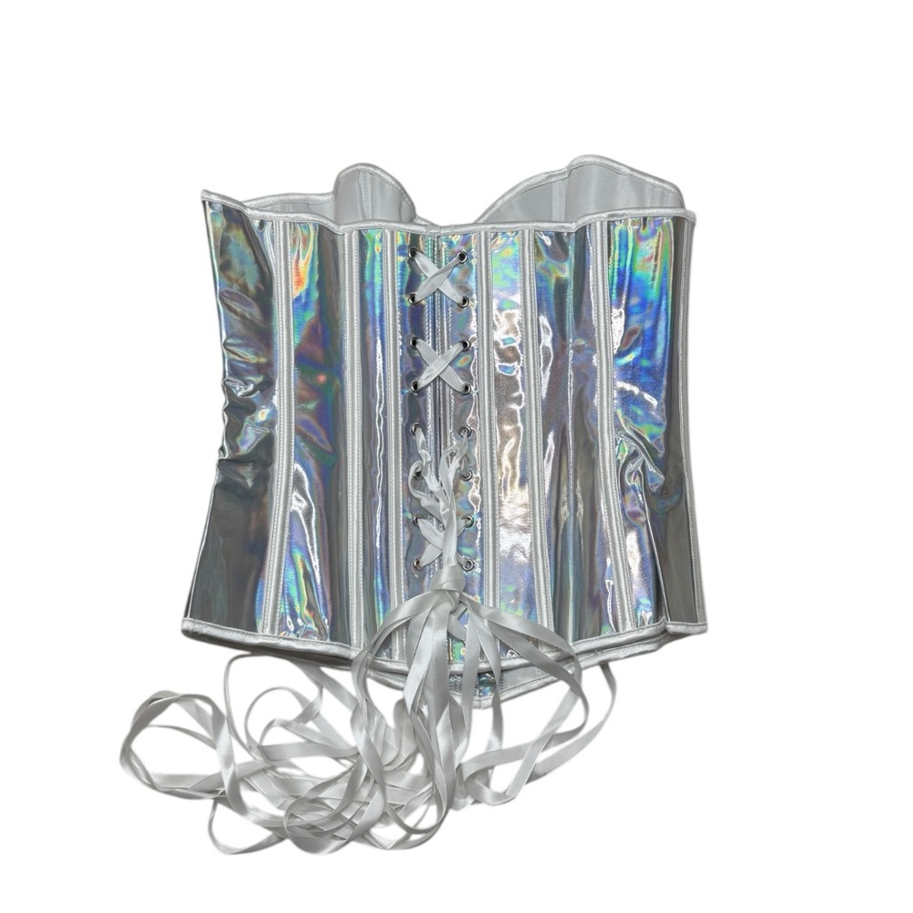 PU Leather Iridescent Silver Lace Up Corset Size Medium - Picture 2 of 4
